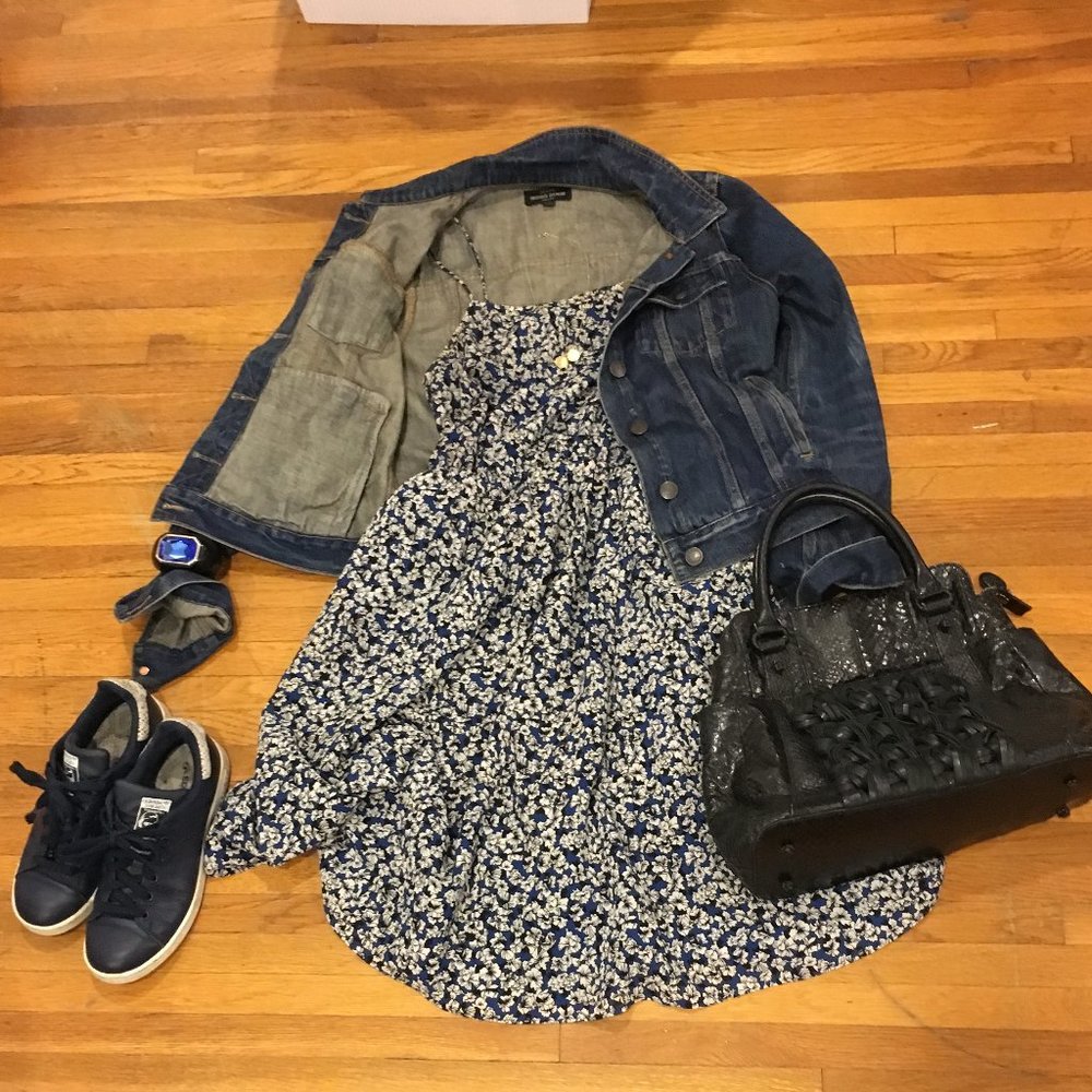 Gap blue, black and white floral dress with spaghetti straps